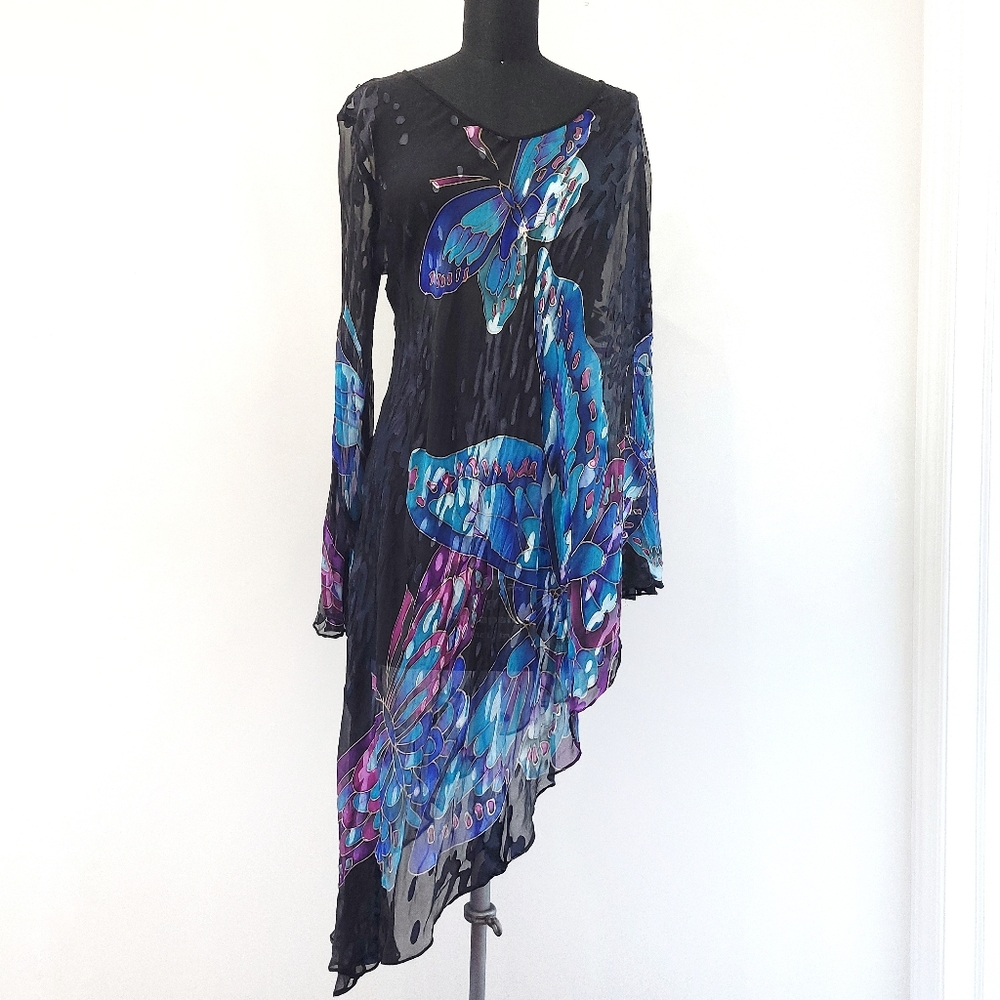 Vintage Y2K Whimsygoth Vibrant Silk Butterfly One Shoulder Kaftan Top